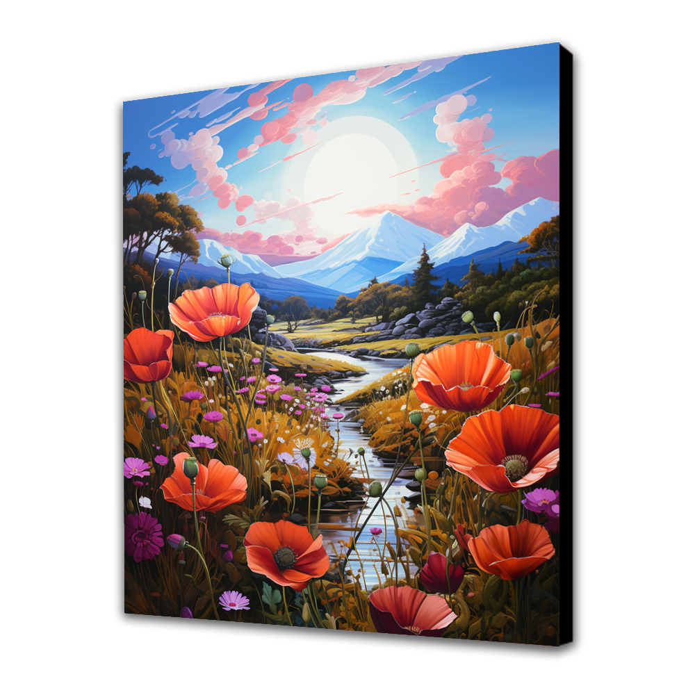 Sunlit Poppies by the Stream