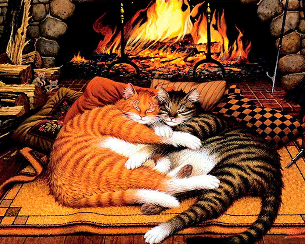 Cats by the Fireplace